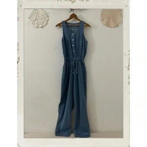 Vintage Blue Denim Baggy Button Festival Hippie Wide Leg Overalls Jumpsuit